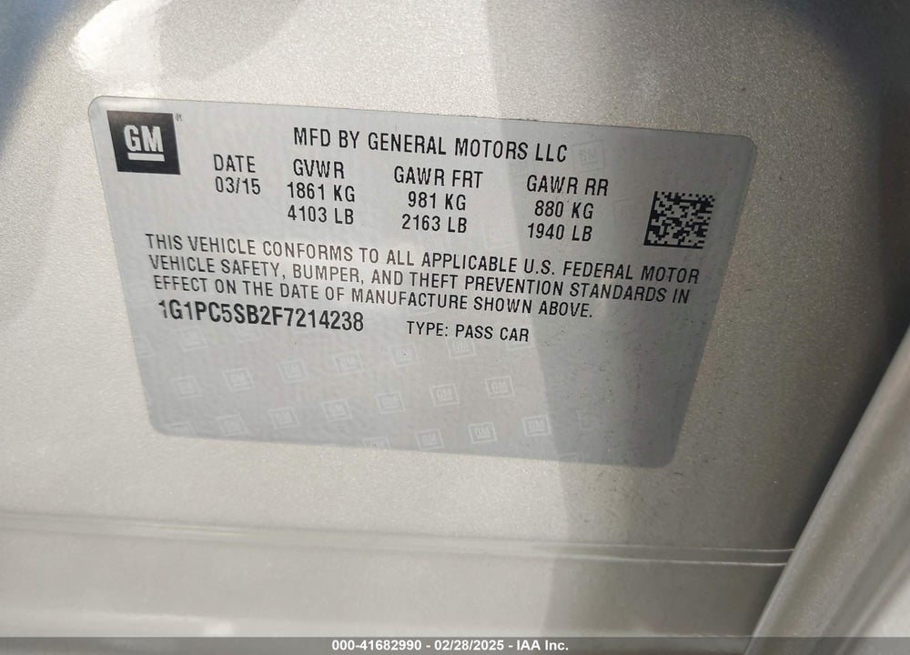 2015 CHEVROLET CRUZE VIN: 1G1PC5SB2F7214238
