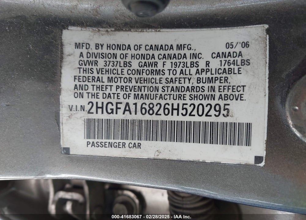 2006 HONDA CIVIC VIN: 2HGFA16826H520295