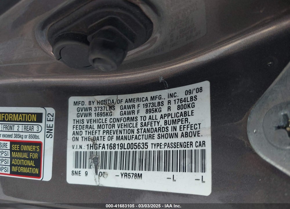 2009 HONDA CIVIC EX VIN: 1HGFA16819L005635