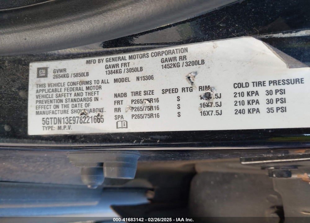 2007 HUMMER H3 SUV VIN: 5GTDN13E978221665