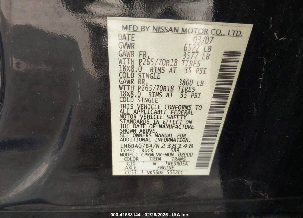 2007 NISSAN TITAN VIN: 1N6BA07B47N238148