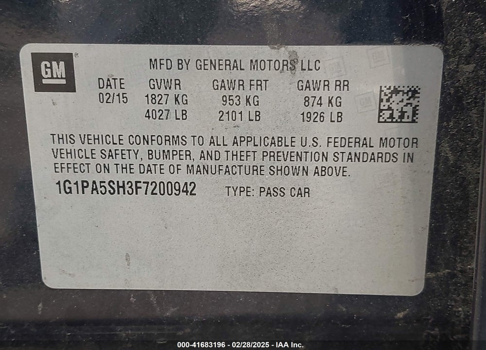 2015 CHEVROLET CRUZE VIN: 1G1PA5SH3F7200942