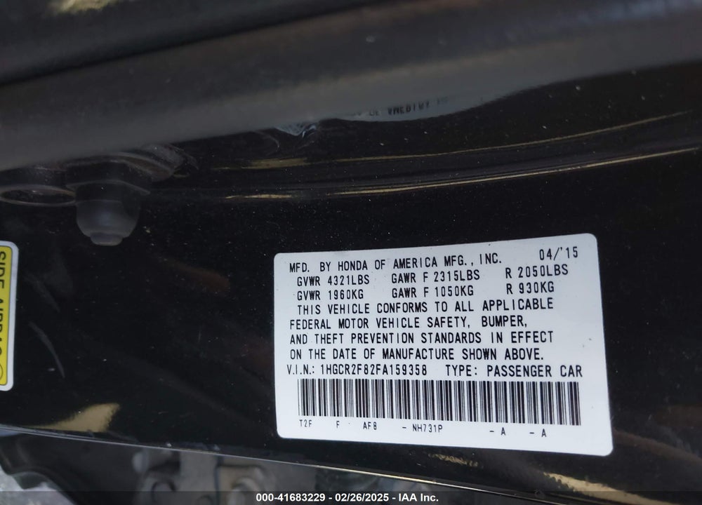 2015 HONDA ACCORD VIN: 1HGCR2F82FA159358