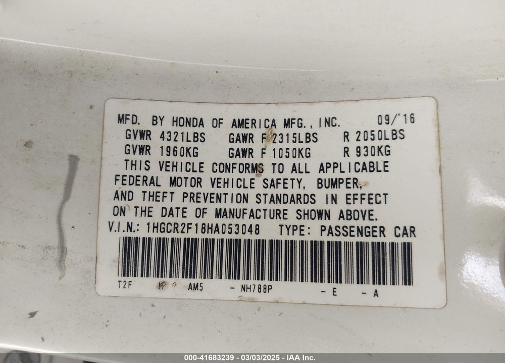 2017 HONDA ACCORD SPORT SE VIN: 1HGCR2F18HA053048
