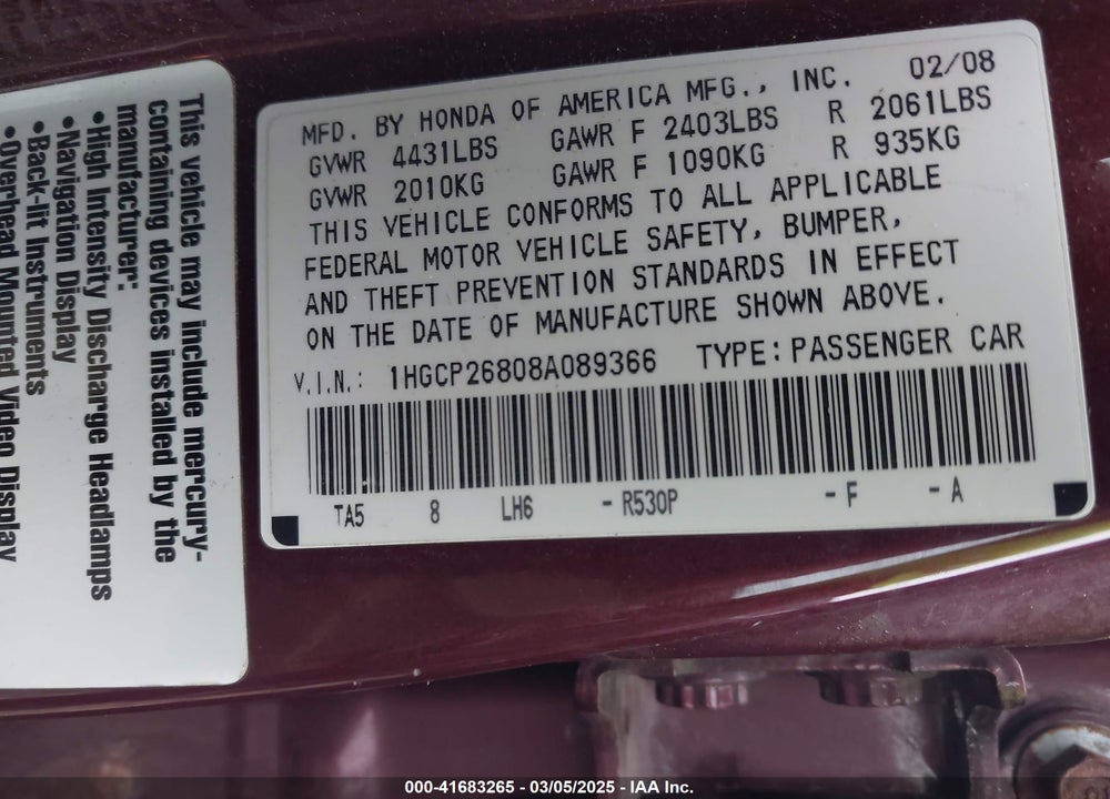 2008 HONDA ACCORD 2.4 EX-L VIN: 1HGCP26808A089366