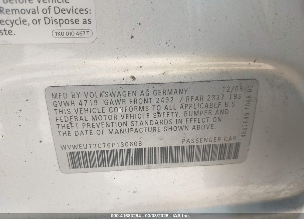 2006 VOLKSWAGEN PASSAT VIN: WVWEU73C76P130608