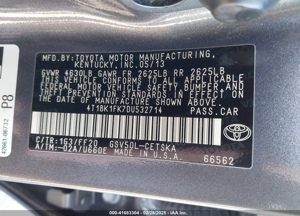 2013 TOYOTA CAMRY VIN: 4T1BK1FK7DU532714