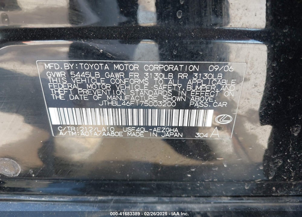 2007 LEXUS LS 460 VIN: JTHBL46F175003200