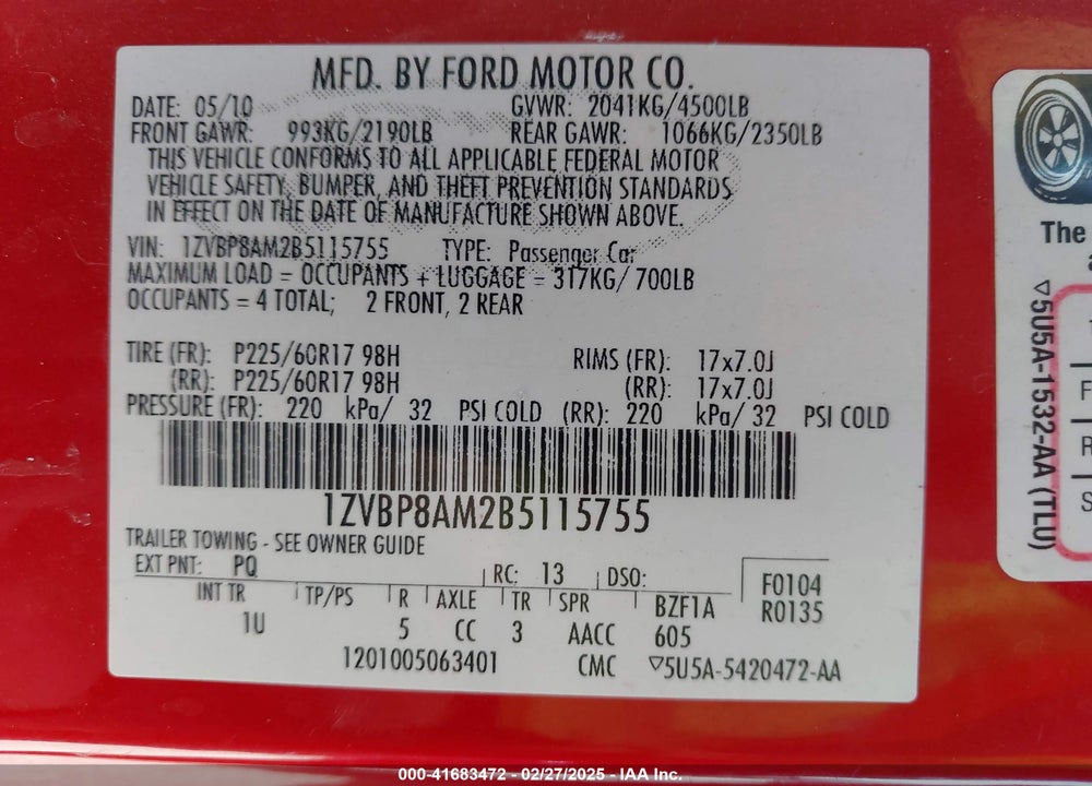 2011 FORD MUSTANG V6 VIN: 1ZVBP8AM2B5115755