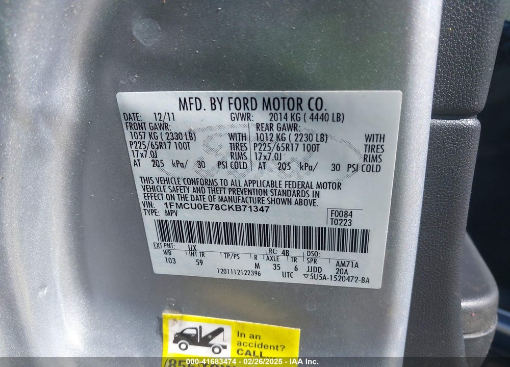 2012 FORD ESCAPE LIMITED VIN: 1FMCU0E78CKB71347