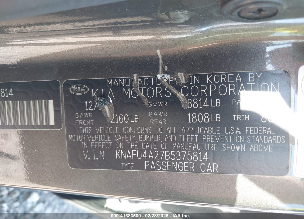 2011 KIA FORTE VIN: KNAFU4A27B5375814