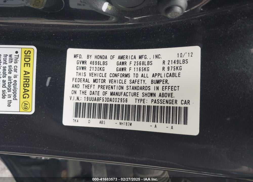 2013 ACURA TL VIN: 19UUA8F53DA002956