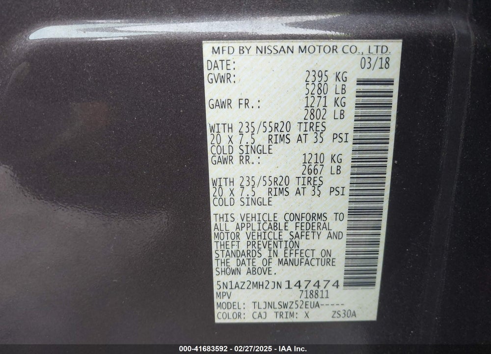 2018 NISSAN MURANO VIN: 5N1AZ2MH2JN147474