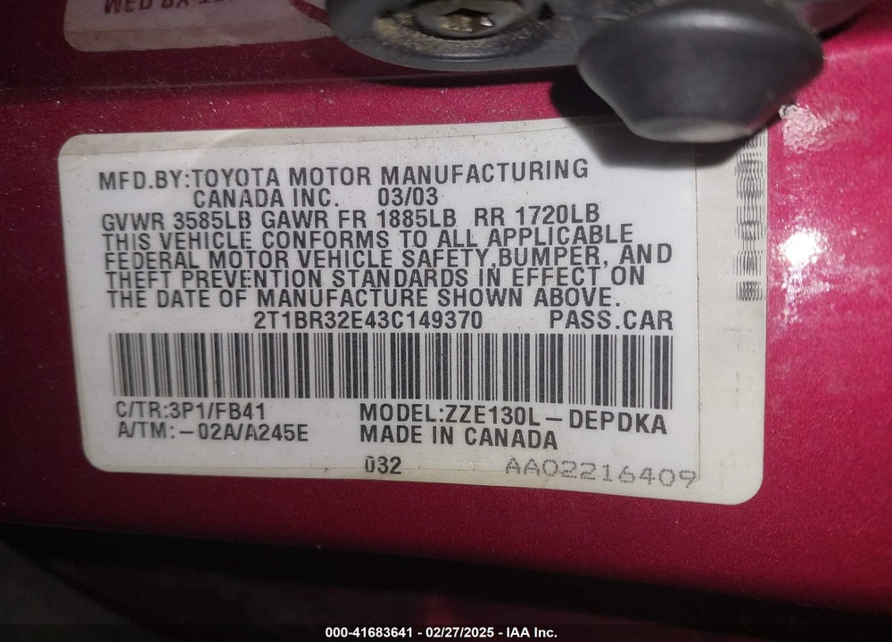 2003 TOYOTA COROLLA CE VIN: 2T1BR32E43C149370