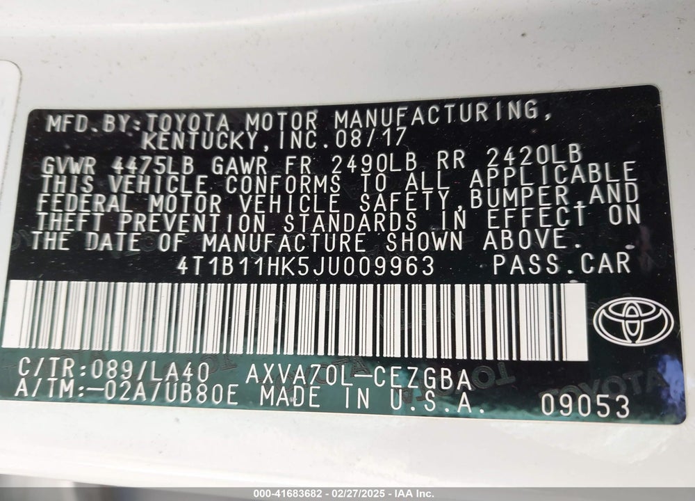 2018 TOYOTA CAMRY VIN: 4T1B11HK5JU009963
