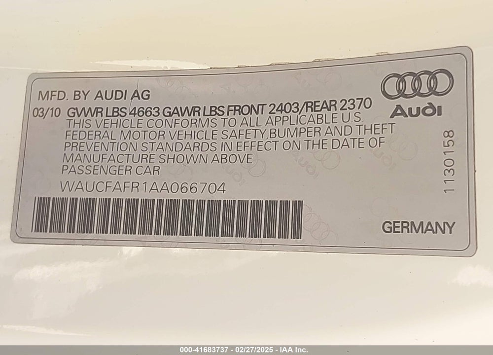 2010 AUDI A5 2.0T PREMIUM VIN: WAUCFAFR1AA066704