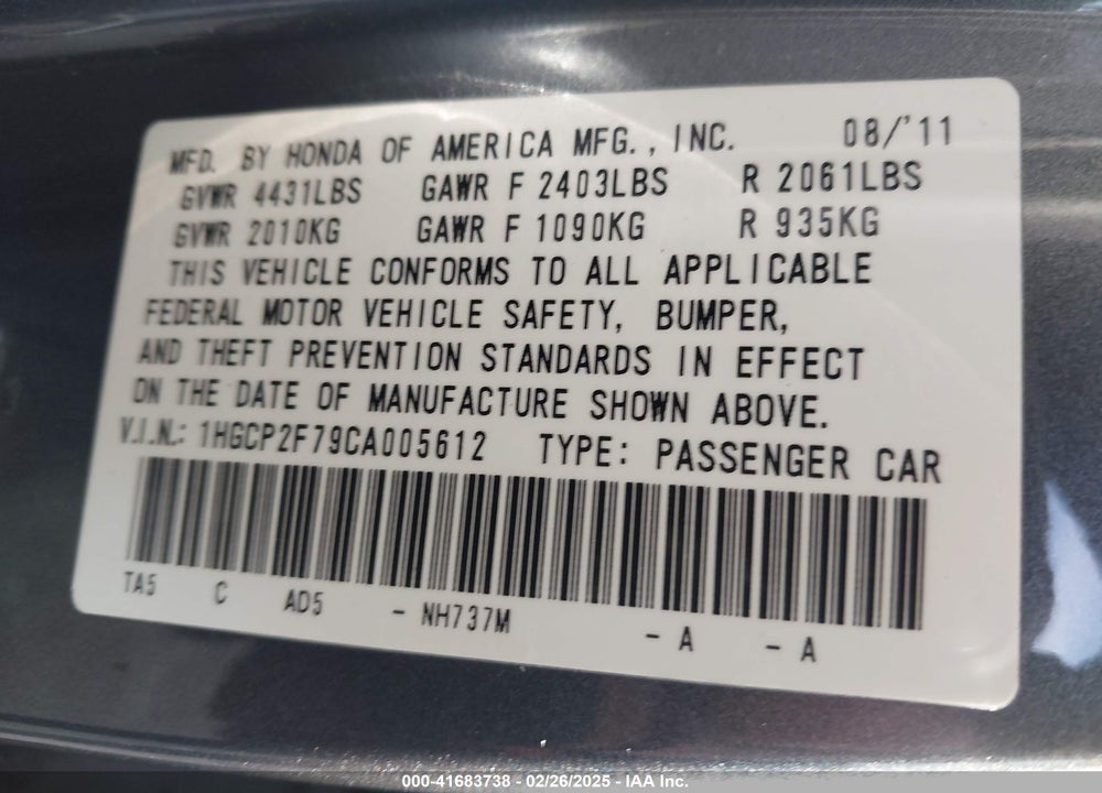 2012 HONDA ACCORD VIN: 1HGCP2F79CA005612