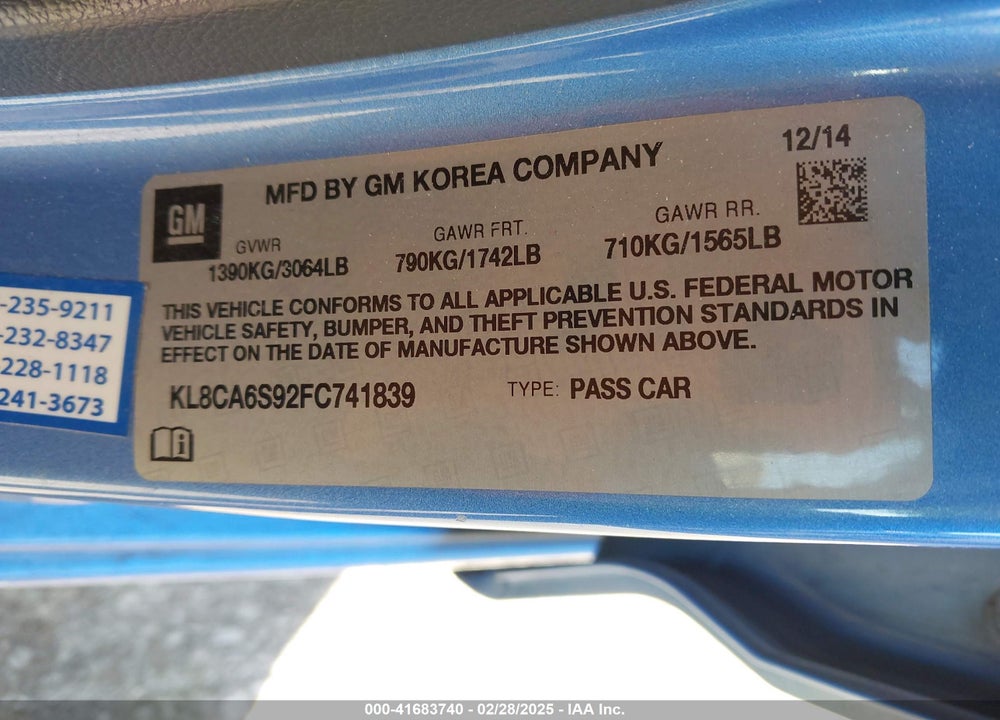 2015 CHEVROLET SPARK LS MANUAL VIN: KL8CA6S92FC741839