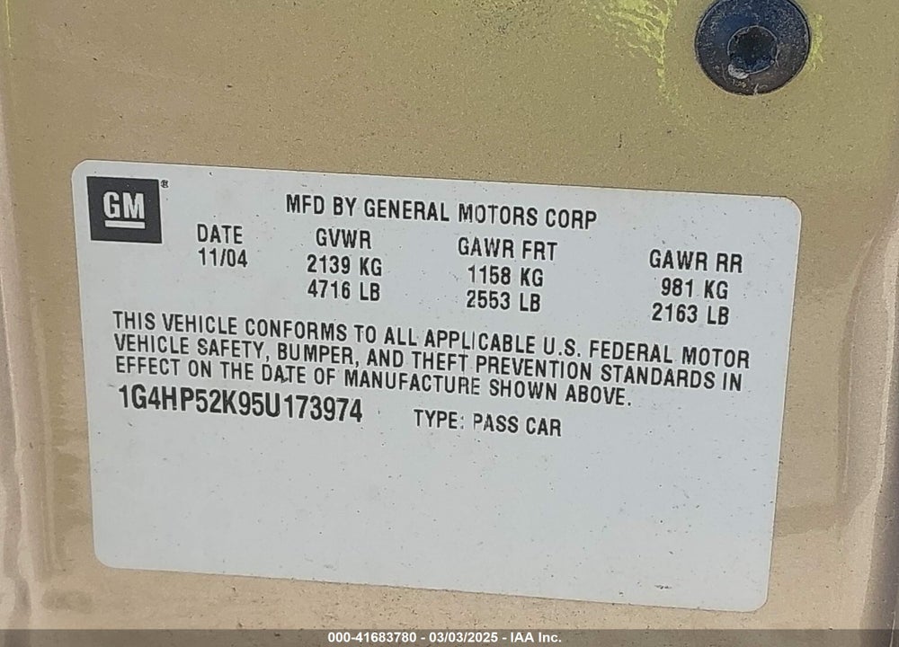 2005 BUICK LESABRE CUSTOM VIN: 1G4HP52K95U173974