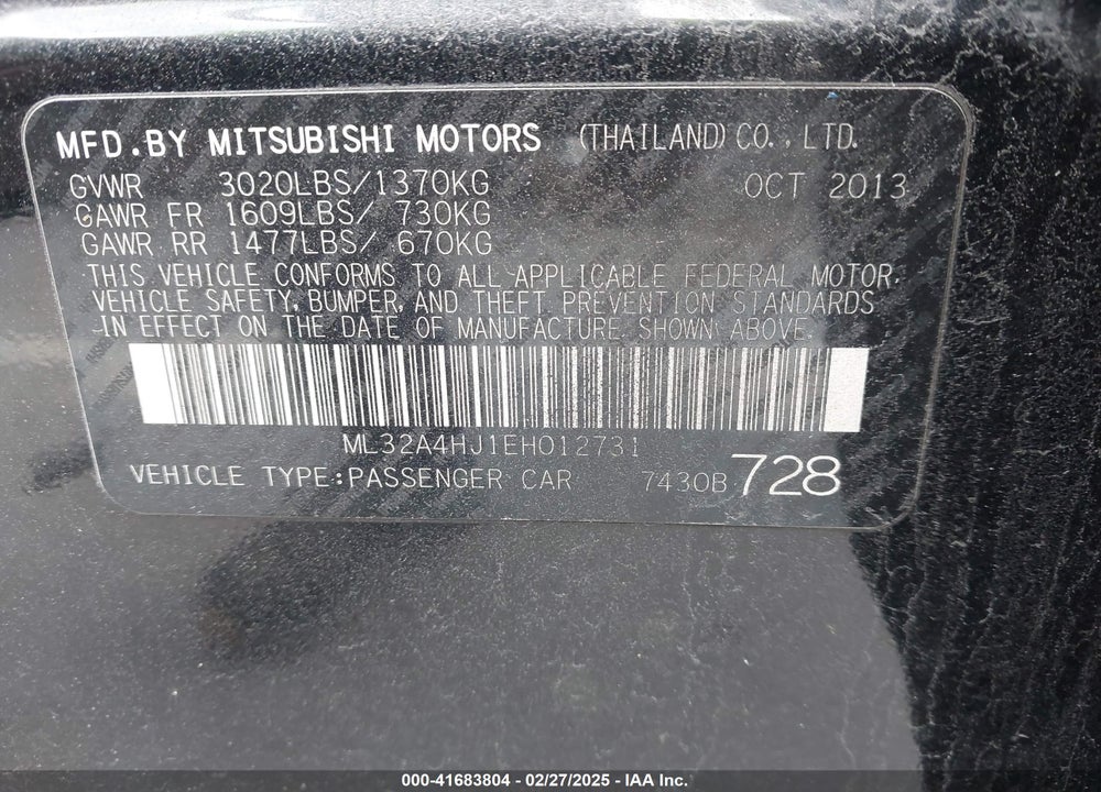 2014 MITSUBISHI MIRAGE ES VIN: ML32A4HJ1EH012731