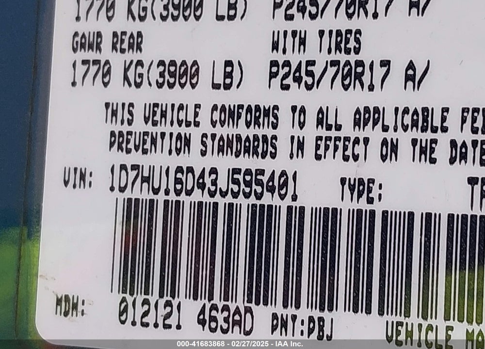 2003 DODGE RAM 1500 SLT/LARAMIE/ST VIN: 1D7HU16D43J595401