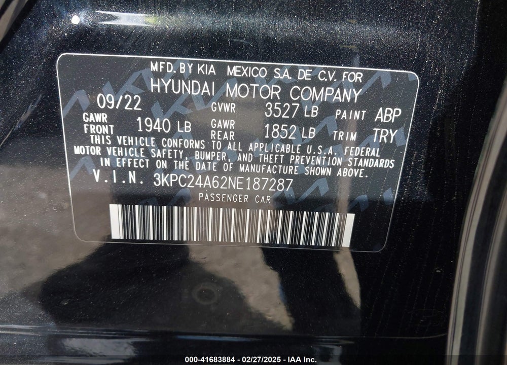 2022 HYUNDAI ACCENT VIN: 3KPC24A62NE187287