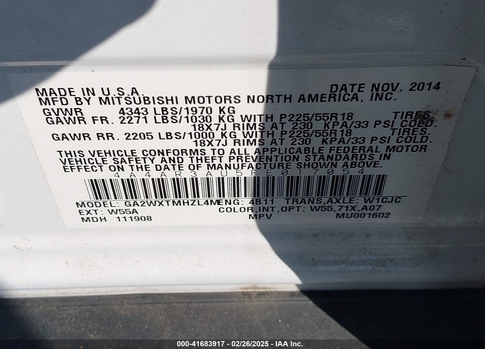 2015 MITSUBISHI OUTLANDER SPORT ES VIN: 4A4AR3AU5FE017054