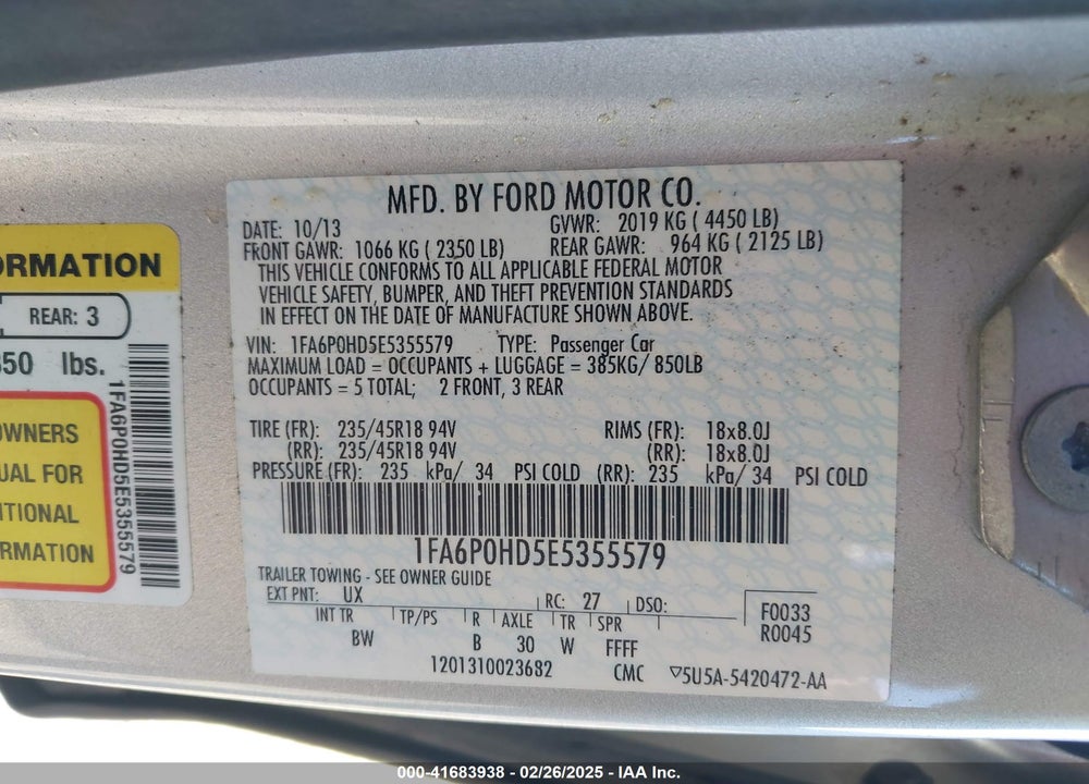 2014 FORD FUSION SE VIN: 1FA6P0HD5E5355579