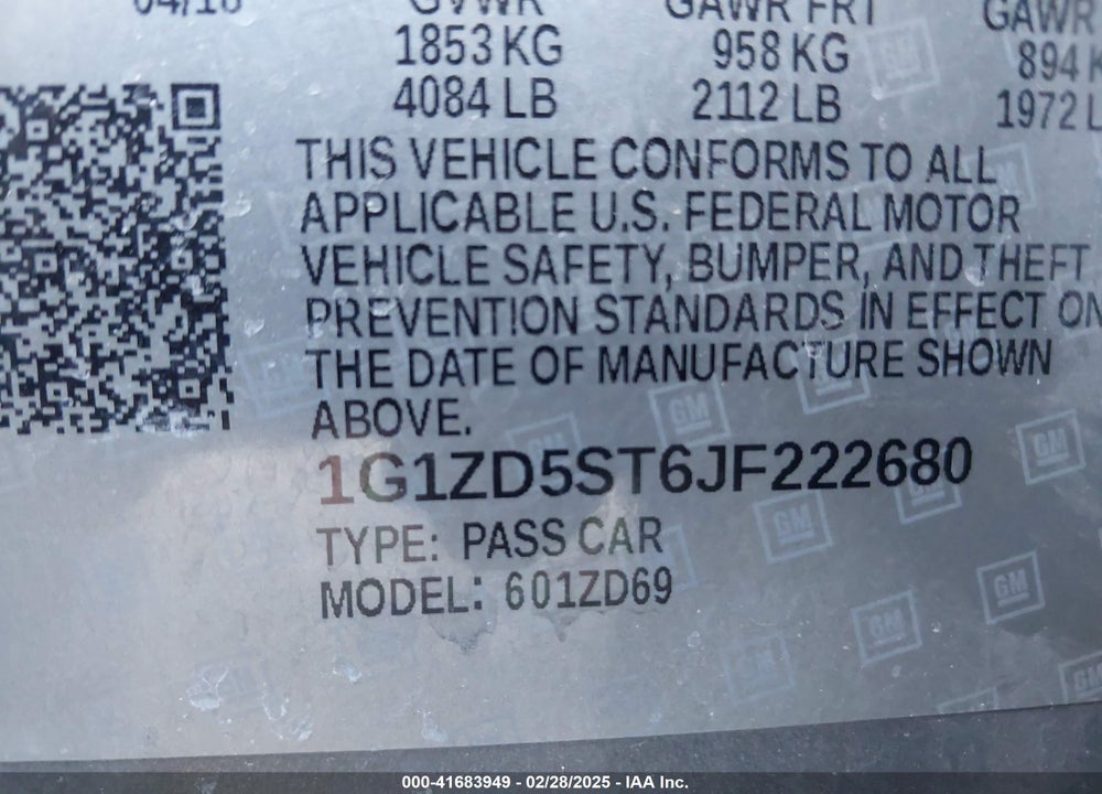 2018 CHEVROLET MALIBU VIN: 1G1ZD5ST6JF222680