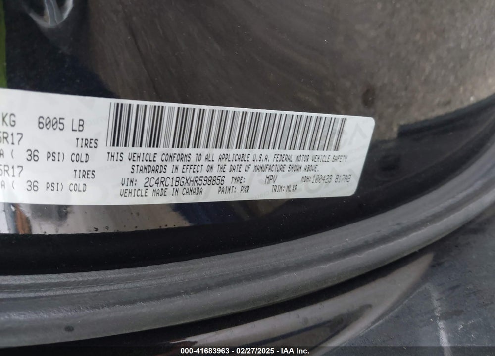 2017 CHRYSLER PACIFICA VIN: 2C4RC1BGXHR598856