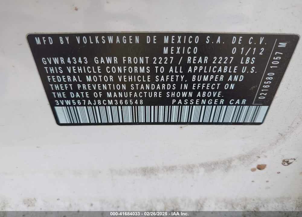 2012 VOLKSWAGEN JETTA VIN: 3VW567AJ8CM366548