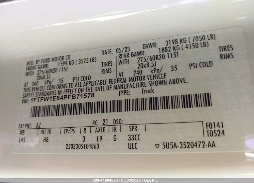 2023 FORD F-150 VIN: 1FTFW1E84PFB71578