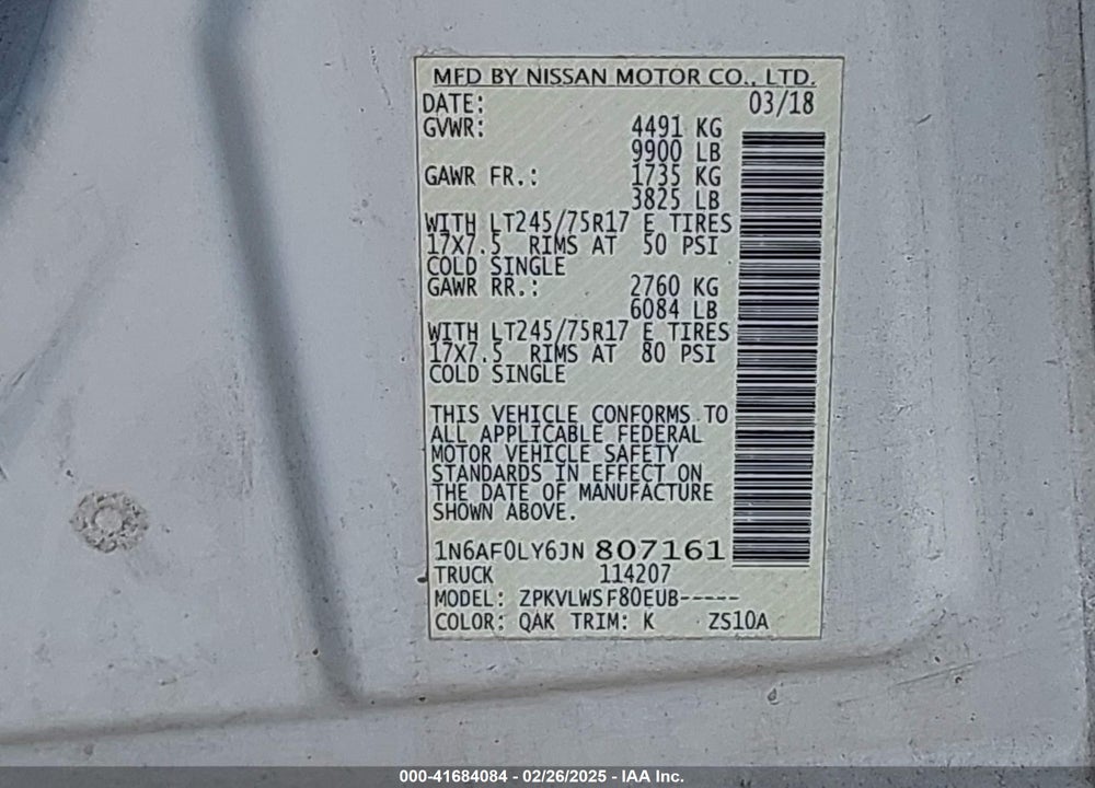 2018 NISSAN NV CARGO NV3500 HD S V8 VIN: 1N6AF0LY6JN807161