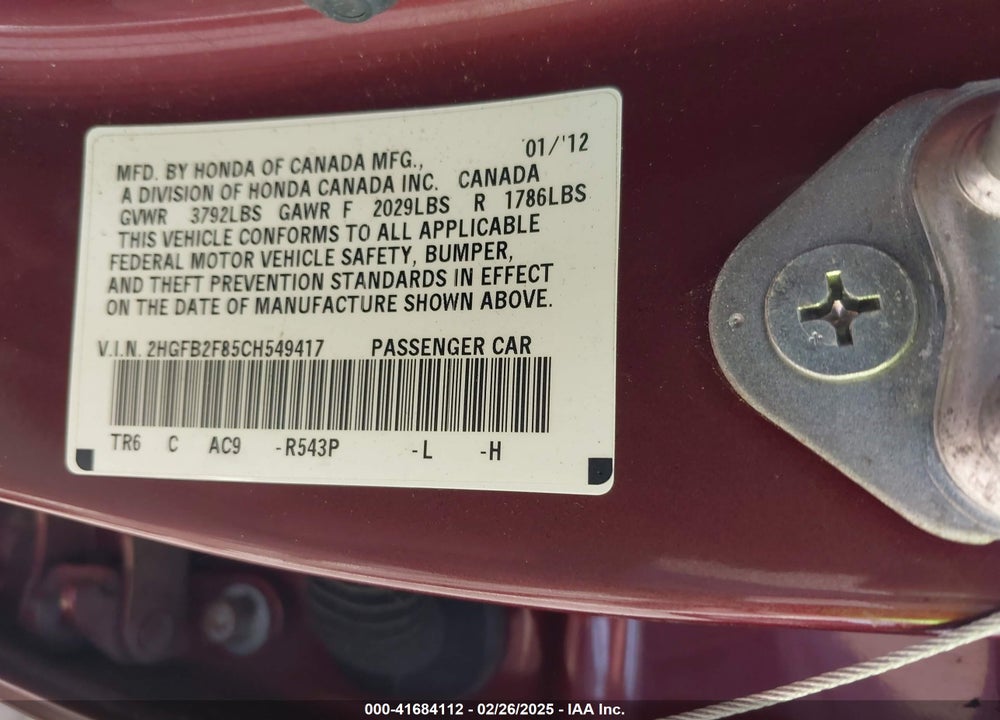 2012 HONDA CIVIC EX VIN: 2HGFB2F85CH549417