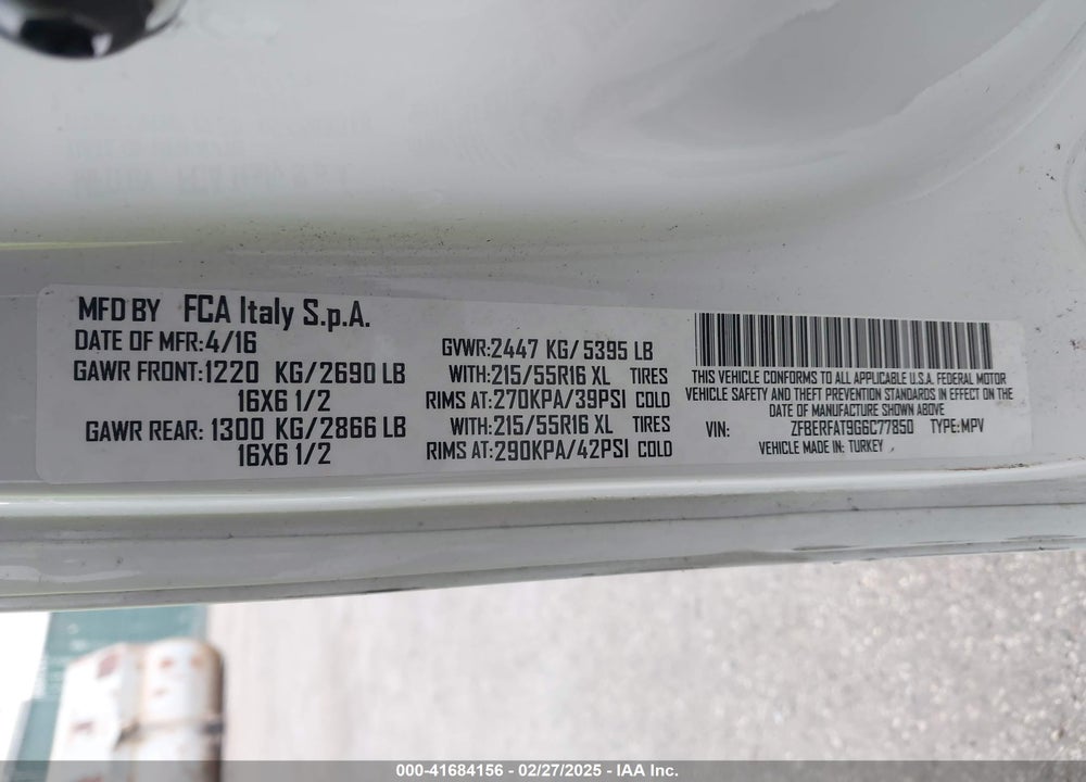 2016 RAM PROMASTER CITY VIN: ZFBERFAT9G6C77850