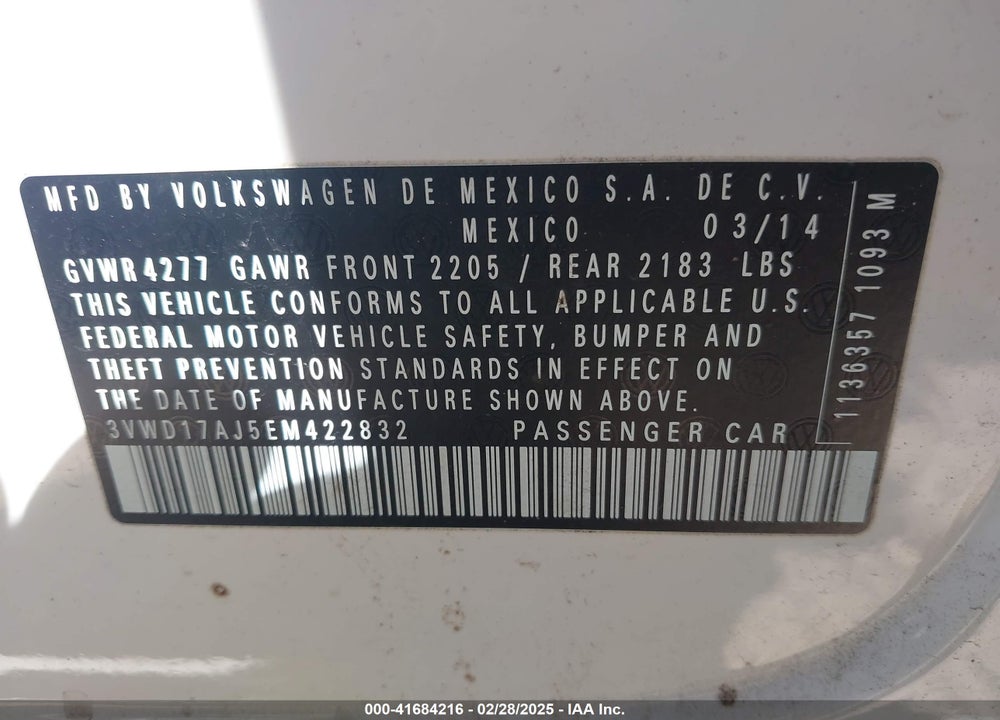 2014 VOLKSWAGEN JETTA 1.8T SE VIN: 3VWD17AJ5EM422832