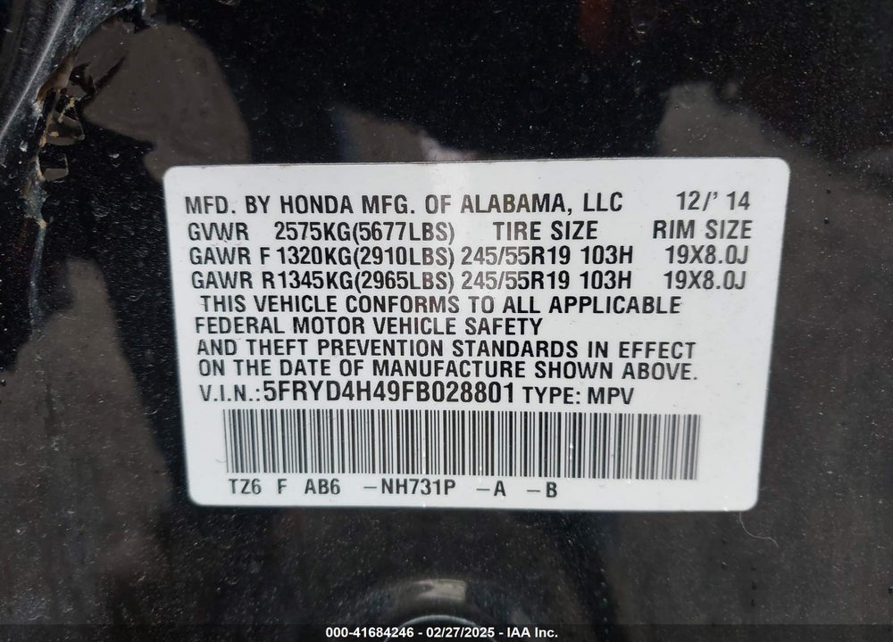 2015 ACURA MDX VIN: 5FRYD4H49FB028801