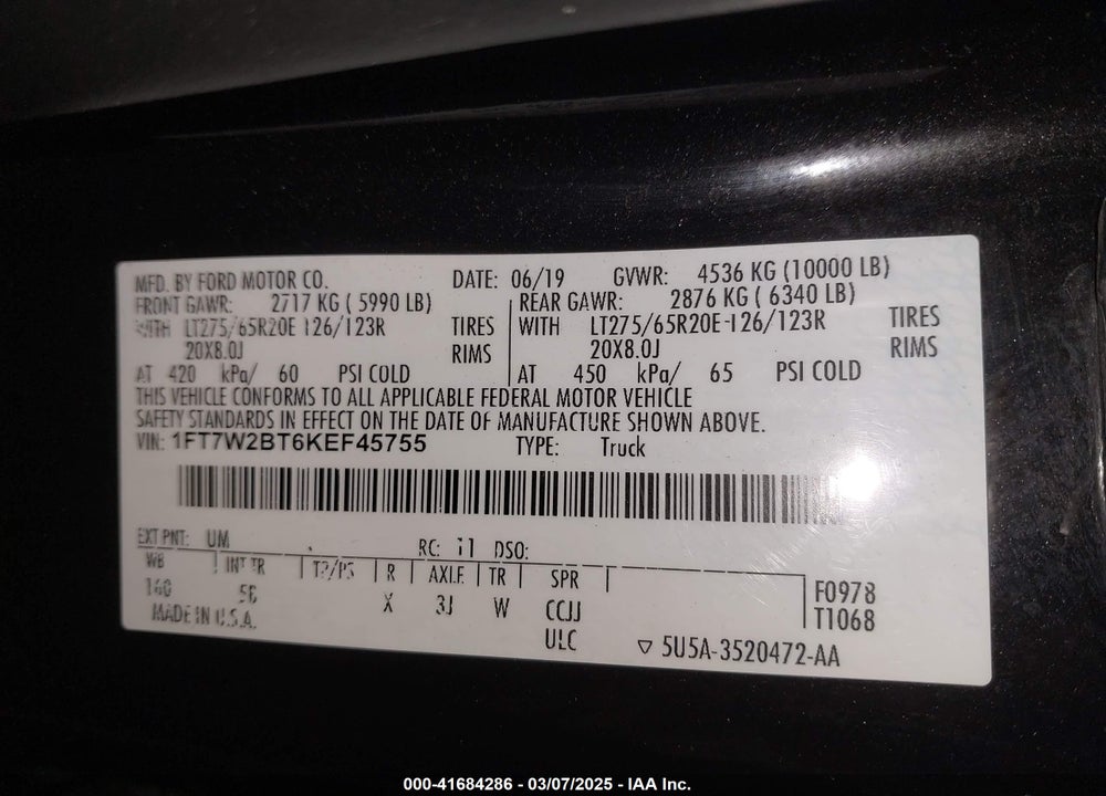 2019 FORD F-250 VIN: 1FT7W2BT6KEF45755