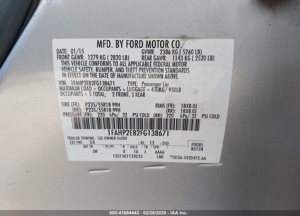 2015 FORD TAURUS SEL VIN: 1FAHP2E82FG138671