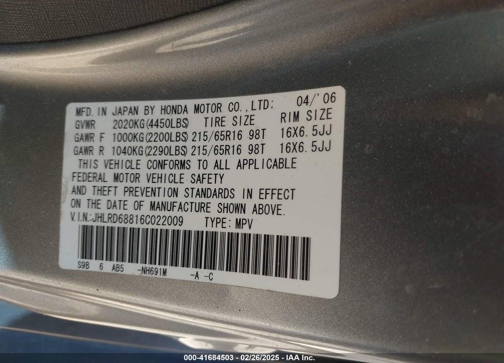 2006 HONDA CR-V EX VIN: JHLRD68816C022009