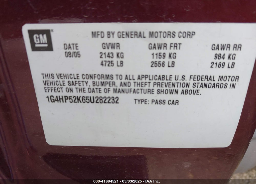 2005 BUICK LESABRE CUSTOM VIN: 1G4HP52K65U282232