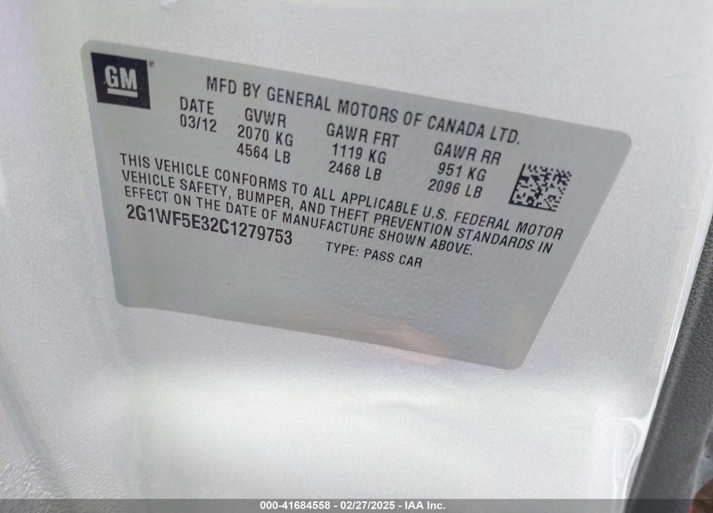 2012 CHEVROLET IMPALA LS VIN: 2G1WF5E32C1279753