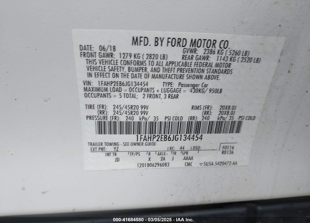 2018 FORD TAURUS VIN: 1FAHP2E86JG134454
