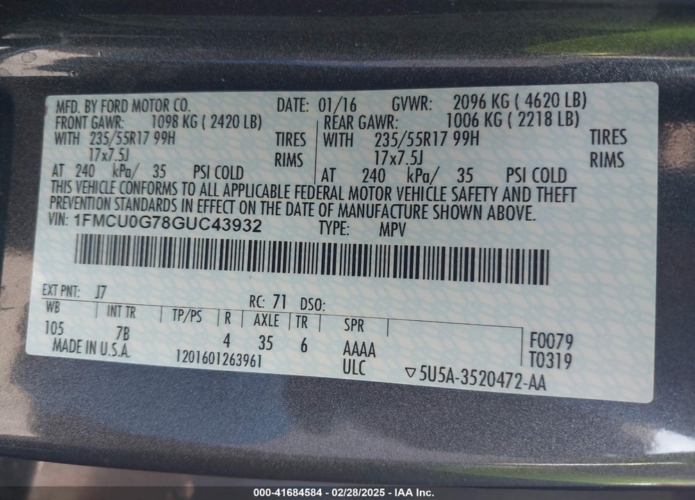 2016 FORD ESCAPE SE VIN: 1FMCU0G78GUC43932