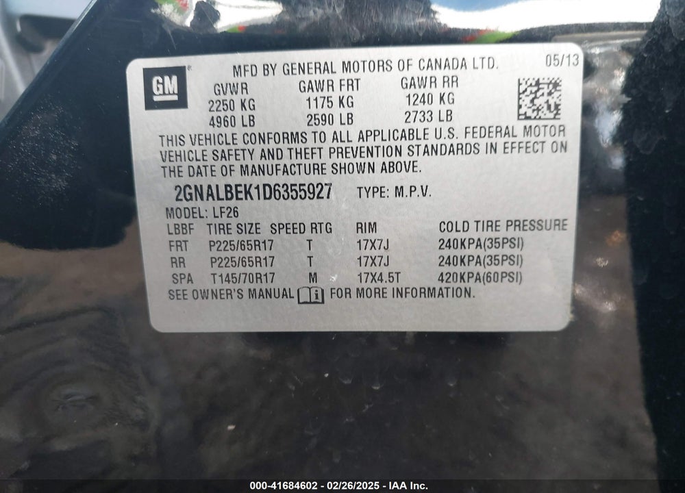 2013 CHEVROLET EQUINOX LS VIN: 2GNALBEK1D6355927