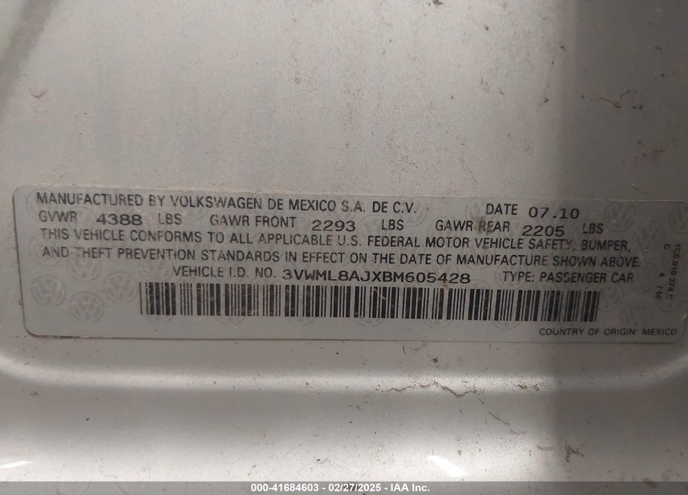 2011 VOLKSWAGEN JETTA SPORTWAGEN VIN: 3VWML8AJXBM605428