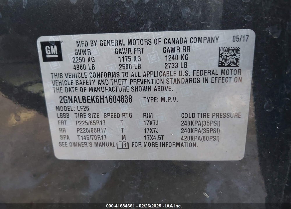 2017 CHEVROLET EQUINOX LS VIN: 2GNALBEK6H1604838