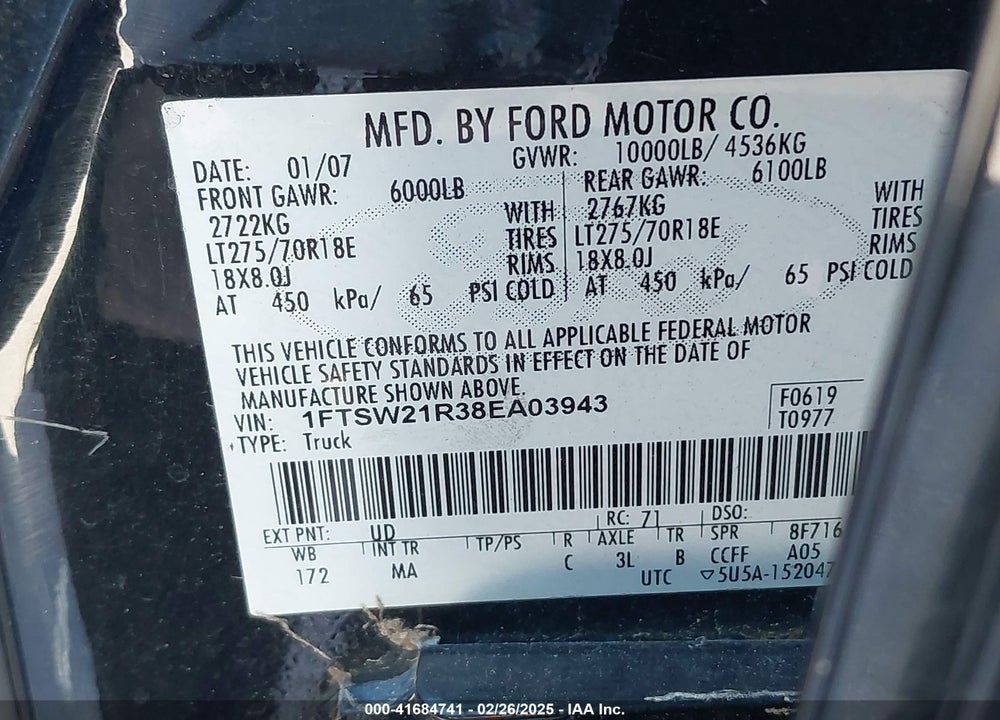 2008 FORD F-250 FX4/HARLEY-DAVIDSON/KING RANCH/LARIAT/XL/XLT VIN: 1FTSW21R38EA03943