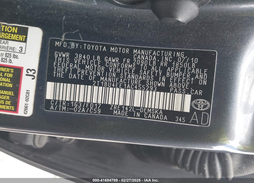 2010 TOYOTA COROLLA VIN: 2T1BU4EE1AC455293
