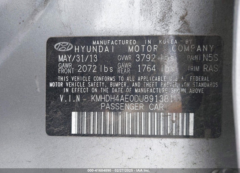 2013 HYUNDAI ELANTRA VIN: KMHDH4AE0DU891381